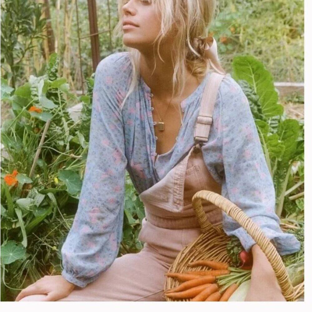 New Spell Dolly Blouse Dusty Floral Blue Long Sleeve Top Sz XS